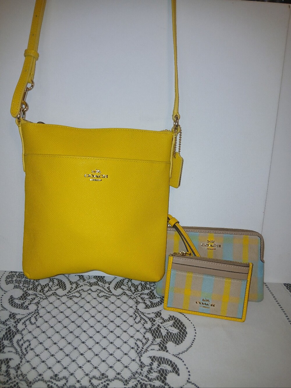 COACH Yellow Crossbody Bag with Plaid Wallet and Card Case